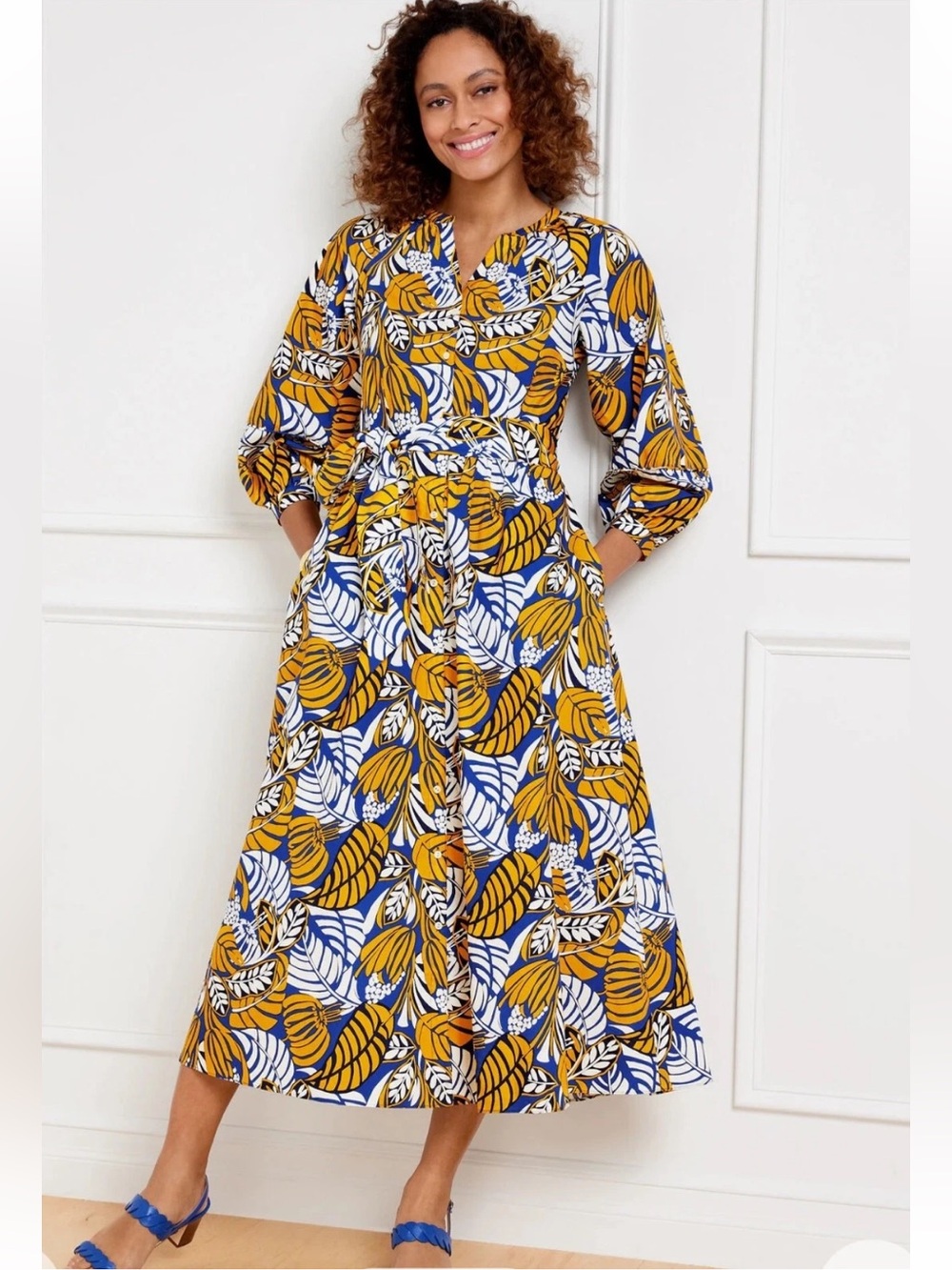 Talbots Poplin Belted Midi Shirtdress Colorblock Leaves with Pockets Size 12